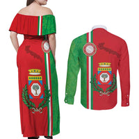 Italy Apulia Couples Matching Off Shoulder Maxi Dress and Long Sleeve Button Shirt Map Of Apulia With Coat Of Arms LT19