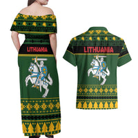 Lithuania Christmas Couples Matching Off Shoulder Maxi Dress and Hawaiian Shirt Coat Of Arms Linksmu Kaledu - Wonder Print Shop