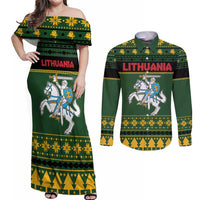 Lithuania Christmas Couples Matching Off Shoulder Maxi Dress and Long Sleeve Button Shirt Coat Of Arms Linksmu Kaledu - Wonder Print Shop