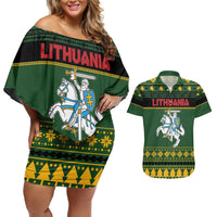 Lithuania Christmas Couples Matching Off Shoulder Short Dress and Hawaiian Shirt Coat Of Arms Linksmu Kaledu - Wonder Print Shop