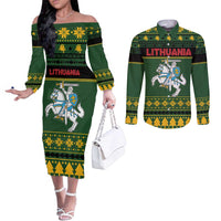 Lithuania Christmas Couples Matching Off The Shoulder Long Sleeve Dress and Long Sleeve Button Shirt Coat Of Arms Linksmu Kaledu - Wonder Print Shop