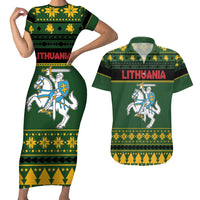 Lithuania Christmas Couples Matching Short Sleeve Bodycon Dress and Hawaiian Shirt Coat Of Arms Linksmu Kaledu - Wonder Print Shop