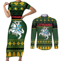 Lithuania Christmas Couples Matching Short Sleeve Bodycon Dress and Long Sleeve Button Shirt Coat Of Arms Linksmu Kaledu - Wonder Print Shop