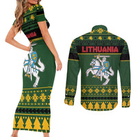 Lithuania Christmas Couples Matching Short Sleeve Bodycon Dress and Long Sleeve Button Shirt Coat Of Arms Linksmu Kaledu - Wonder Print Shop
