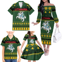 Lithuania Christmas Family Matching Off The Shoulder Long Sleeve Dress and Hawaiian Shirt Coat Of Arms Linksmu Kaledu - Wonder Print Shop