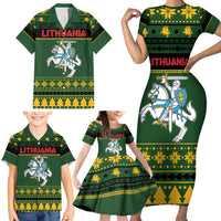 Lithuania Christmas Family Matching Short Sleeve Bodycon Dress and Hawaiian Shirt Coat Of Arms Linksmu Kaledu - Wonder Print Shop