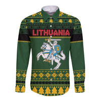 Lithuania Christmas Long Sleeve Button Shirt Coat Of Arms Linksmu Kaledu - Wonder Print Shop
