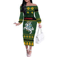 Lithuania Christmas Off The Shoulder Long Sleeve Dress Coat Of Arms Linksmu Kaledu - Wonder Print Shop