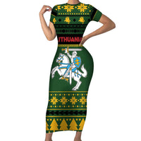 Lithuania Christmas Short Sleeve Bodycon Dress Coat Of Arms Linksmu Kaledu - Wonder Print Shop