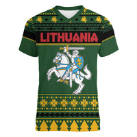 Lithuania Christmas Women V-Neck T-Shirt Coat Of Arms Linksmu Kaledu - Wonder Print Shop