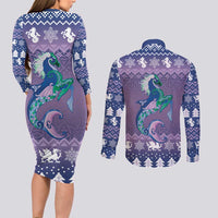 Carmarthenshire Wales Christmas Couples Matching Long Sleeve Bodycon Dress and Long Sleeve Button Shirt Heraldic Sea-Horse Celtic Design - Wonder Print Shop
