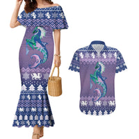 Carmarthenshire Wales Christmas Couples Matching Mermaid Dress and Hawaiian Shirt Heraldic Sea-Horse Celtic Design - Wonder Print Shop