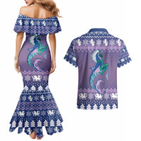 Carmarthenshire Wales Christmas Couples Matching Mermaid Dress and Hawaiian Shirt Heraldic Sea-Horse Celtic Design - Wonder Print Shop
