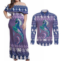 Carmarthenshire Wales Christmas Couples Matching Off Shoulder Maxi Dress and Long Sleeve Button Shirt Heraldic Sea-Horse Celtic Design - Wonder Print Shop