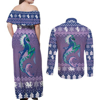 Carmarthenshire Wales Christmas Couples Matching Off Shoulder Maxi Dress and Long Sleeve Button Shirt Heraldic Sea-Horse Celtic Design - Wonder Print Shop