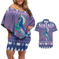 Carmarthenshire Wales Christmas Couples Matching Off Shoulder Short Dress and Hawaiian Shirt Heraldic Sea-Horse Celtic Design - Wonder Print Shop