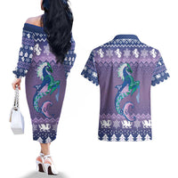 Carmarthenshire Wales Christmas Couples Matching Off The Shoulder Long Sleeve Dress and Hawaiian Shirt Heraldic Sea-Horse Celtic Design - Wonder Print Shop