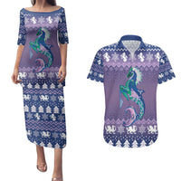Carmarthenshire Wales Christmas Couples Matching Puletasi and Hawaiian Shirt Heraldic Sea-Horse Celtic Design - Wonder Print Shop