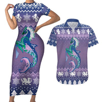 Carmarthenshire Wales Christmas Couples Matching Short Sleeve Bodycon Dress and Hawaiian Shirt Heraldic Sea-Horse Celtic Design - Wonder Print Shop