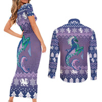 Carmarthenshire Wales Christmas Couples Matching Short Sleeve Bodycon Dress and Long Sleeve Button Shirt Heraldic Sea-Horse Celtic Design - Wonder Print Shop