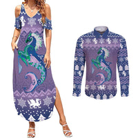 Carmarthenshire Wales Christmas Couples Matching Summer Maxi Dress and Long Sleeve Button Shirt Heraldic Sea-Horse Celtic Design - Wonder Print Shop