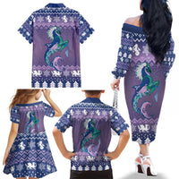 Carmarthenshire Wales Christmas Family Matching Off The Shoulder Long Sleeve Dress and Hawaiian Shirt Heraldic Sea-Horse Celtic Design - Wonder Print Shop