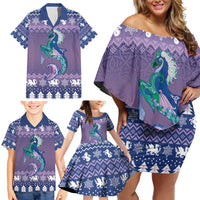 Carmarthenshire Wales Christmas Family Matching Off Shoulder Short Dress and Hawaiian Shirt Heraldic Sea-Horse Celtic Design - Wonder Print Shop