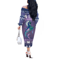 Carmarthenshire Wales Christmas Off The Shoulder Long Sleeve Dress Heraldic Sea-Horse Celtic Design - Wonder Print Shop