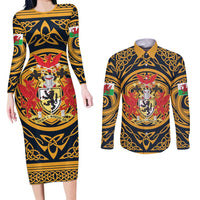 Personalized Denbighshire Wales Couples Matching Long Sleeve Bodycon Dress and Long Sleeve Button Shirt Coat Of Arms Celtic Style - Wonder Print Shop