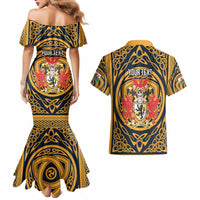 Personalized Denbighshire Wales Couples Matching Mermaid Dress and Hawaiian Shirt Coat Of Arms Celtic Style - Wonder Print Shop