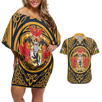 Personalized Denbighshire Wales Couples Matching Off Shoulder Short Dress and Hawaiian Shirt Coat Of Arms Celtic Style - Wonder Print Shop