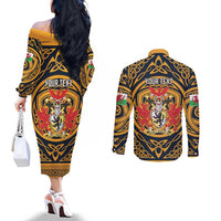 Personalized Denbighshire Wales Couples Matching Off The Shoulder Long Sleeve Dress and Long Sleeve Button Shirt Coat Of Arms Celtic Style - Wonder Print Shop