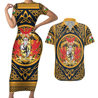Personalized Denbighshire Wales Couples Matching Short Sleeve Bodycon Dress and Hawaiian Shirt Coat Of Arms Celtic Style - Wonder Print Shop