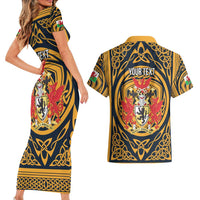 Personalized Denbighshire Wales Couples Matching Short Sleeve Bodycon Dress and Hawaiian Shirt Coat Of Arms Celtic Style - Wonder Print Shop