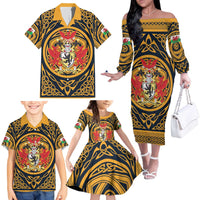 Personalized Denbighshire Wales Family Matching Off The Shoulder Long Sleeve Dress and Hawaiian Shirt Coat Of Arms Celtic Style - Wonder Print Shop