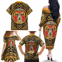 Personalized Denbighshire Wales Family Matching Off The Shoulder Long Sleeve Dress and Hawaiian Shirt Coat Of Arms Celtic Style - Wonder Print Shop