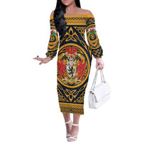 Personalized Denbighshire Wales Family Matching Off The Shoulder Long Sleeve Dress and Hawaiian Shirt Coat Of Arms Celtic Style - Wonder Print Shop