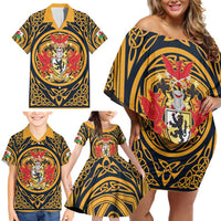 Personalized Denbighshire Wales Family Matching Off Shoulder Short Dress and Hawaiian Shirt Coat Of Arms Celtic Style - Wonder Print Shop