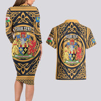 Personalized Monmouthshire Wales Couples Matching Long Sleeve Bodycon Dress and Hawaiian Shirt Coat Of Arms Celtic Style - Wonder Print Shop