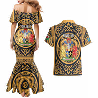 Personalized Monmouthshire Wales Couples Matching Mermaid Dress and Hawaiian Shirt Coat Of Arms Celtic Style - Wonder Print Shop
