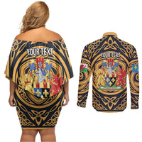 Personalized Monmouthshire Wales Couples Matching Off Shoulder Short Dress and Long Sleeve Button Shirt Coat Of Arms Celtic Style - Wonder Print Shop