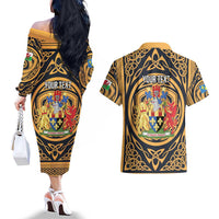 Personalized Monmouthshire Wales Couples Matching Off The Shoulder Long Sleeve Dress and Hawaiian Shirt Coat Of Arms Celtic Style - Wonder Print Shop