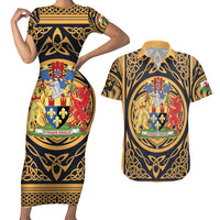 Personalized Monmouthshire Wales Couples Matching Short Sleeve Bodycon Dress and Hawaiian Shirt Coat Of Arms Celtic Style - Wonder Print Shop