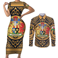Personalized Monmouthshire Wales Couples Matching Short Sleeve Bodycon Dress and Long Sleeve Button Shirt Coat Of Arms Celtic Style - Wonder Print Shop