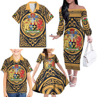 Personalized Monmouthshire Wales Family Matching Off The Shoulder Long Sleeve Dress and Hawaiian Shirt Coat Of Arms Celtic Style - Wonder Print Shop