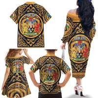Personalized Monmouthshire Wales Family Matching Off The Shoulder Long Sleeve Dress and Hawaiian Shirt Coat Of Arms Celtic Style - Wonder Print Shop