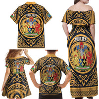 Personalized Monmouthshire Wales Family Matching Off Shoulder Maxi Dress and Hawaiian Shirt Coat Of Arms Celtic Style - Wonder Print Shop