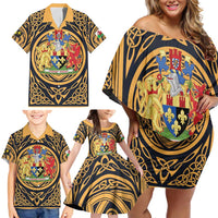 Personalized Monmouthshire Wales Family Matching Off Shoulder Short Dress and Hawaiian Shirt Coat Of Arms Celtic Style - Wonder Print Shop