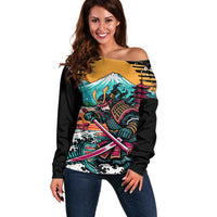 Japanese Samurai Warrior Mount Fuji Off Shoulder Sweater Katana Japanese Wave Cherry Blossom Art