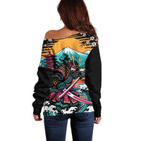 Japanese Samurai Warrior Mount Fuji Off Shoulder Sweater Katana Japanese Wave Cherry Blossom Art